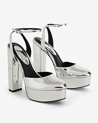 Metallic Rounded Toe Platform Pumps Silver Women's 8