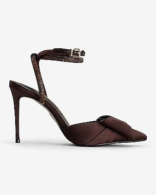 Rhinestone Bow Embellished Strap Pumps Brown Women's 7