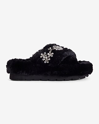 Faux Fur Rhinestone Crossover Slippers Black Women's S