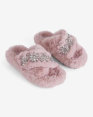 Faux Fur Rhinestone Crossover Slippers