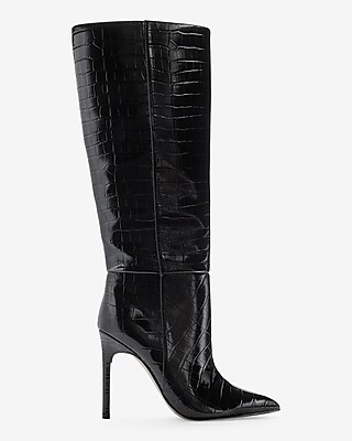 Croc-Embossed Thin Heel Boots Black Women's 7
