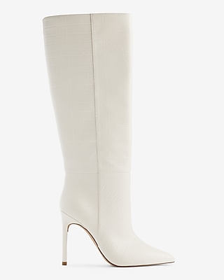 Croc-Embossed Thin Heel Boots White Women's 9