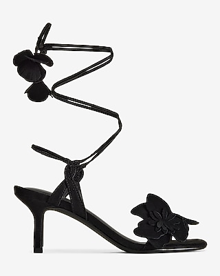 Flower Embellished Rhinestone Lace Up Mid-Heeled Sandals