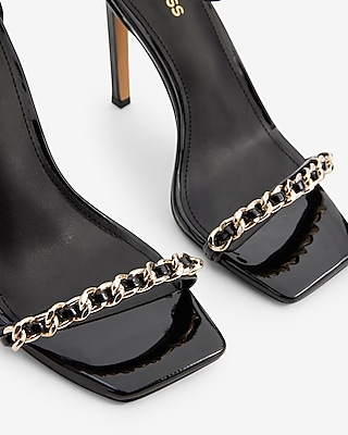 Chain Strap Square Toe High Heeled Sandals Black Women's