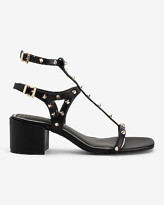 Studded Strappy Block Mid Heeled Sandals Black Women's