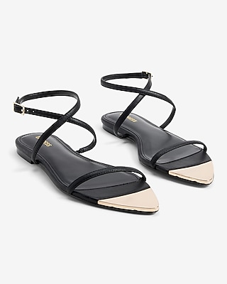 Metallic Pointed Toe Strappy Flat Sandals Black Women's 7