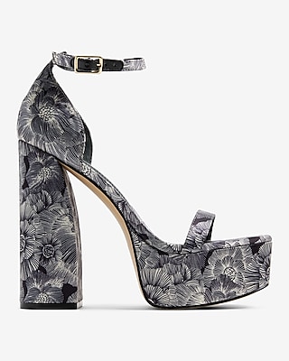 Black & White Floral Platform Heeled Sandals