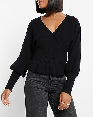 Ribbed V-Neck Wrap Peplum Sweater Black Women's XS