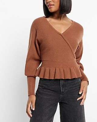 Ribbed V-Neck Wrap Peplum Sweater Brown Women's XS