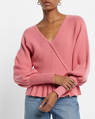 Ribbed V-Neck Wrap Peplum Sweater