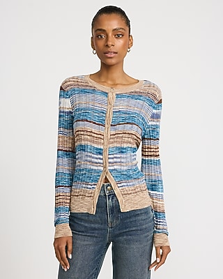 Striped Crew Neck Long Sleeve Cardigan