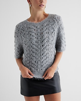Open Stitch Cable Knit Crew Neck Short Sleeve Sweater