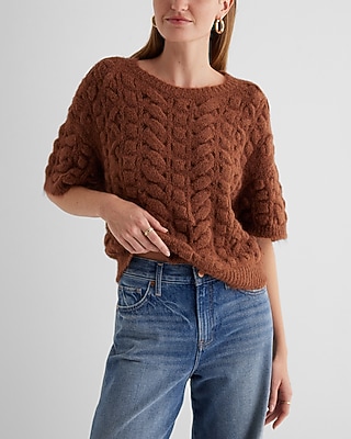 Open Stitch Cable Knit Crew Neck Short Sleeve Sweater Brown Women's XL