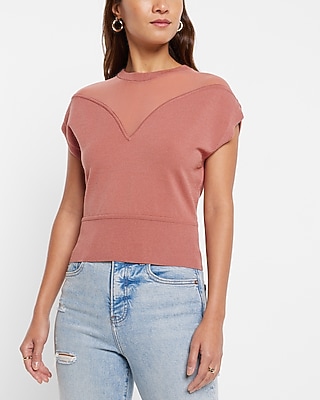 Bodycon Mesh Short Sleeve Sweater Pink Women's XS