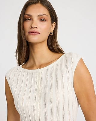 Cotton Ribbed Boat Neck Cap Sleeve Button Front Sweater