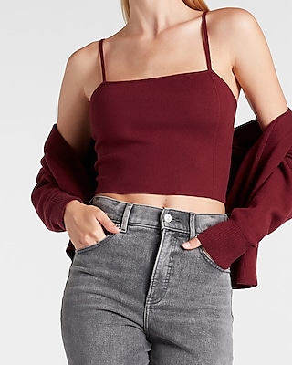 Crop Square Neck Sweater Top Red Women's XXS