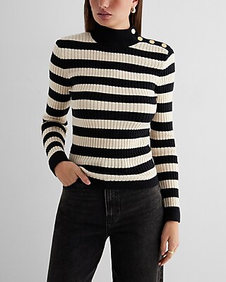 Striped Mock Neck Padded Shoulder Novelty Button Sweater