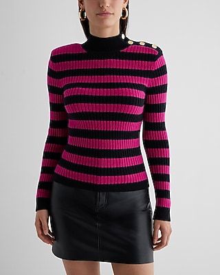 Striped Mock Neck Padded Shoulder Novelty Button Sweater Pink Women's L