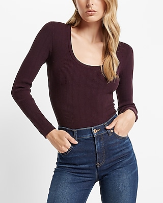 Scoop Neck Long Sleeve Sweater Thong Bodysuit Purple Women's XS