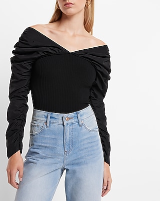 Off The Shoulder Ruched Sleeve Sweater Thong Bodysuit