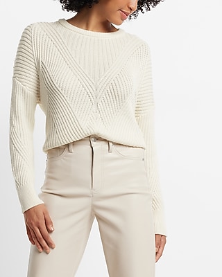 Ribbed Design Crew Neck Sweater White Women's XL