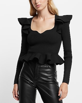 Ribbed Sweetheart Neckline Ruffle Peplum Sweater