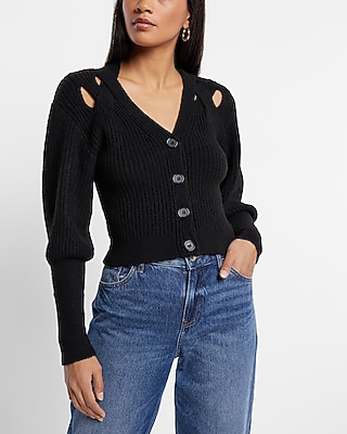 V-Neck Balloon Sleeve Criss Cross Cutout Cardigan