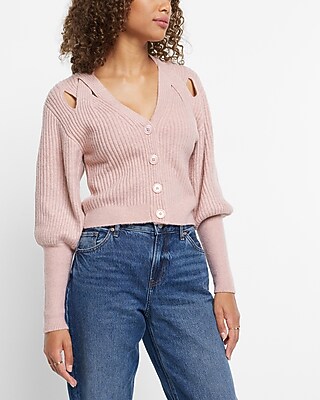 V-Neck Balloon Sleeve Criss Cross Cutout Cardigan Pink Women's XS