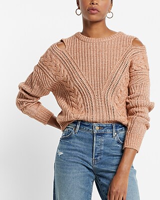 Cable Knit Crew Neck Cutout Sweater Brown Women's XL