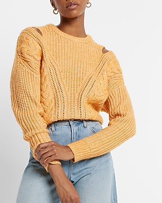 Cable Knit Crew Neck Cutout Sweater Yellow Women's XS