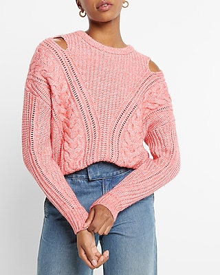 Cable Knit Crew Neck Cutout Sweater Pink Women's XS