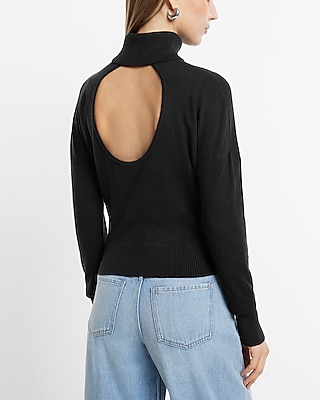 Ultra Soft Turtleneck Open Back Banded Bottom Sweater Black Women's XS