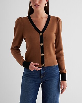 Tipped Novelty Button Puff Sleeve Cardigan Brown Women's XL