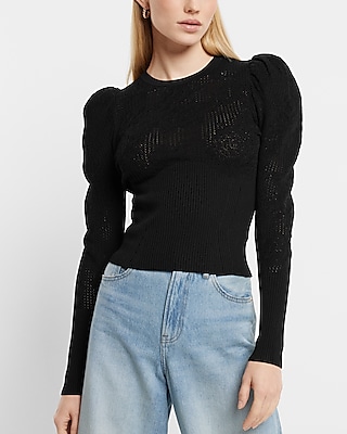 Ribbed Lace Stitch Puff Shoulder Sweater