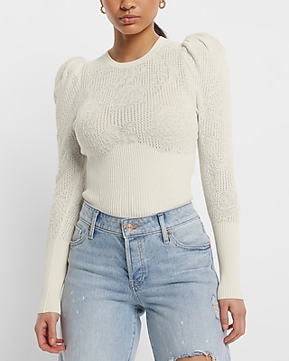 Ribbed Lace Stitch Puff Shoulder Sweater White Women's XS