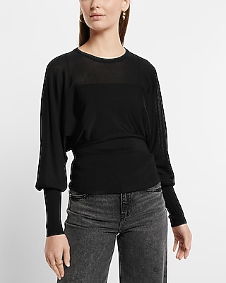Silk-Blend Balloon Sleeve Ribbed Bottom Sweater Black Women's S