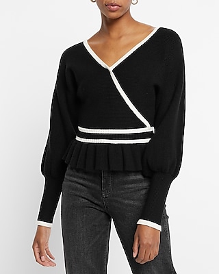 Tipped Faux Wrap Ruffle Peplum Sweater
