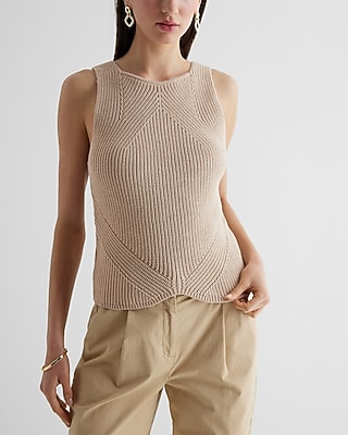 Ribbed High Neck Curved Hem Sweater Tank Neutral Women's XL