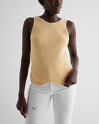 Ribbed High Neck Curved Hem Sweater Tank Yellow Women's XL