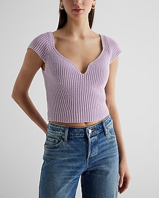 Sweetheart Neckline Ribbed Sweater Purple Women's XS