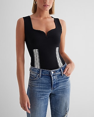 Fitted Printed Sweetheart Neckline Sweater Bodysuit