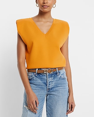 V-Neck Padded Shoulder Sweater Vest Orange Women's S