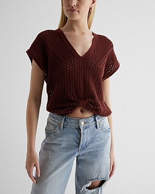 Crochet V-Neck Knot Front Sweater