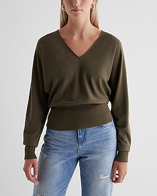 V-Neck Banded Bottom Soho Sweater Green Women's XL