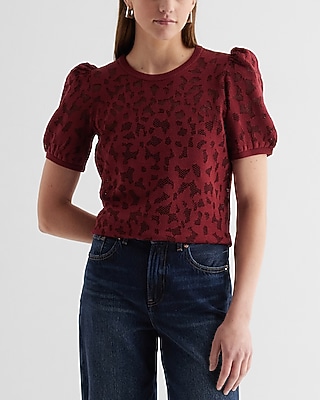 Floral Mesh Crew Neck Puff Sleeve Sweater