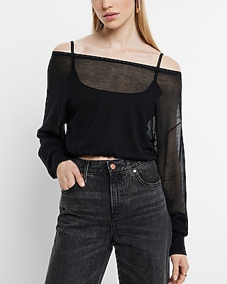 Sheer Off The Shoulder Dolman Sleeve Cropped Sweater Black Women's M