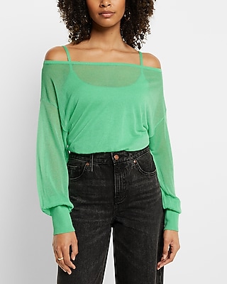 Sheer Off The Shoulder Dolman Sleeve Cropped Sweater Green Women's S