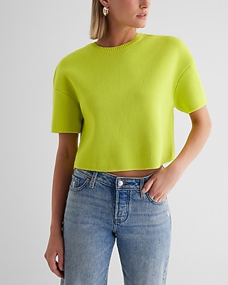 Crew Neck Short Sleeve Boxy Sweater Green Women's L