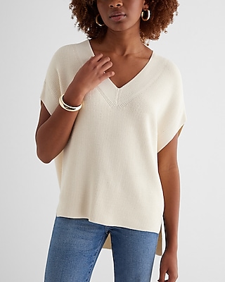 Ribbed V-Neck Short Sleeve Oversized Sweater
