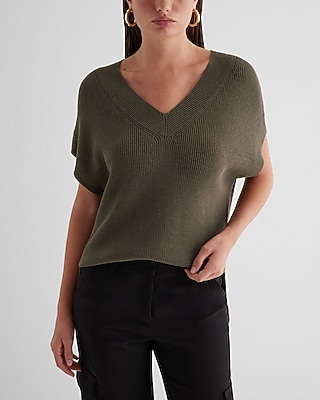 Ribbed V-Neck Short Sleeve Oversized Sweater Green Women's XS